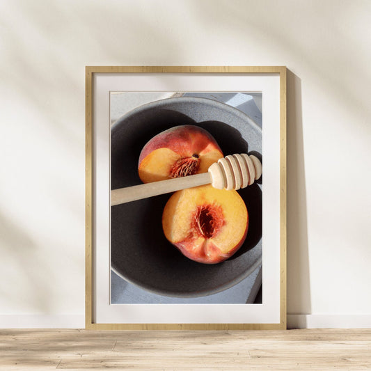 Sunlit Halved Peach Print -  Dining Room Wall Art, Peaches Wall Art, Still Life, Kitchen Wall Art