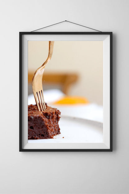 Gold Fork Brownie Photography Print, Dessert Wall Art, Kitchen Wall Art, Dining Room Wall Art