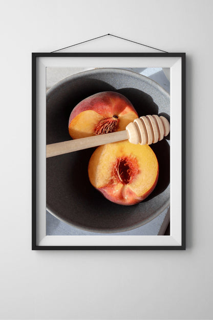 Sunlit Halved Peach Print -  Dining Room Wall Art, Peaches Wall Art, Still Life, Kitchen Wall Art