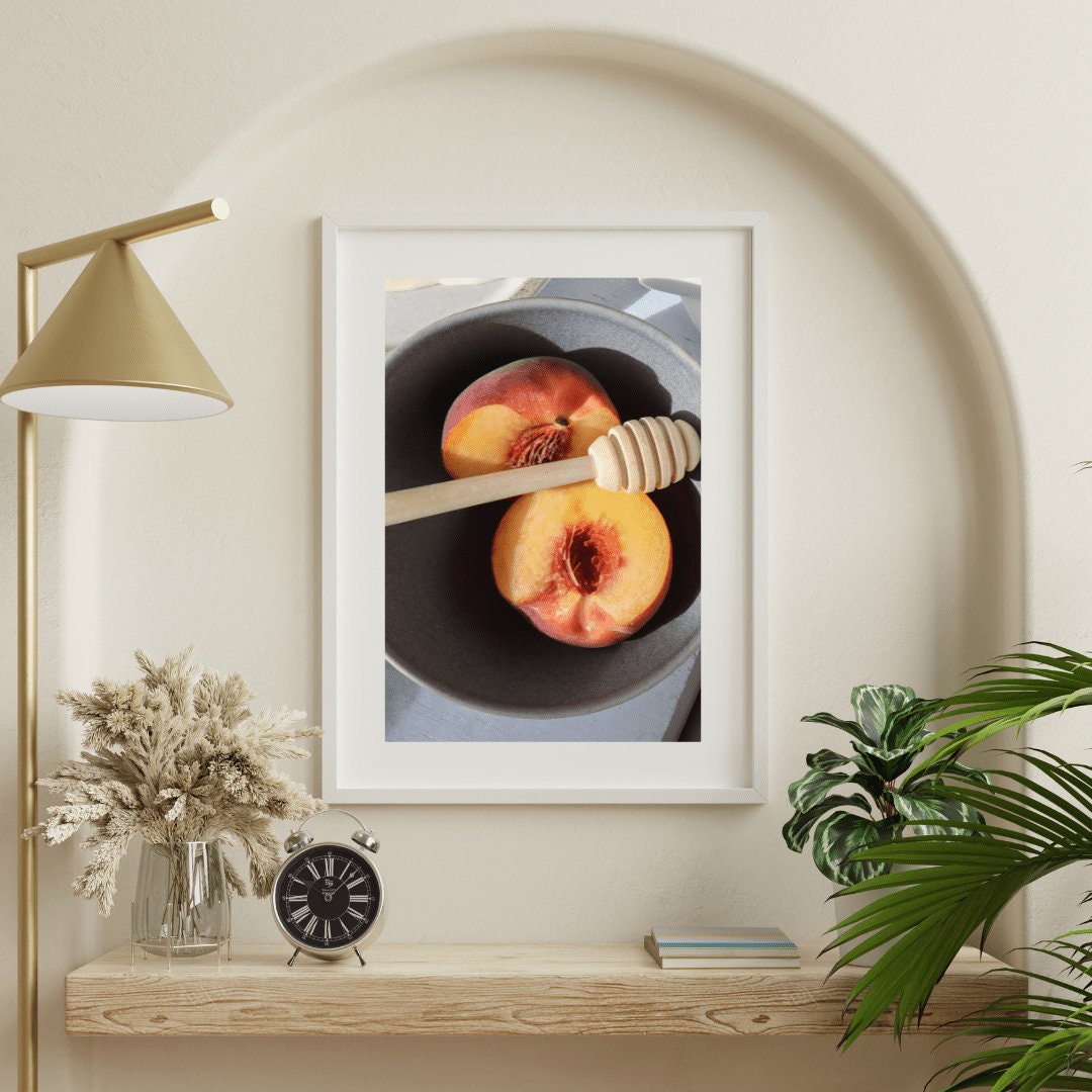 Sunlit Halved Peach Print -  Dining Room Wall Art, Peaches Wall Art, Still Life, Kitchen Wall Art