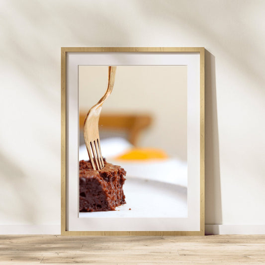 Gold Fork Brownie Photography Print, Dessert Wall Art, Kitchen Wall Art, Dining Room Wall Art