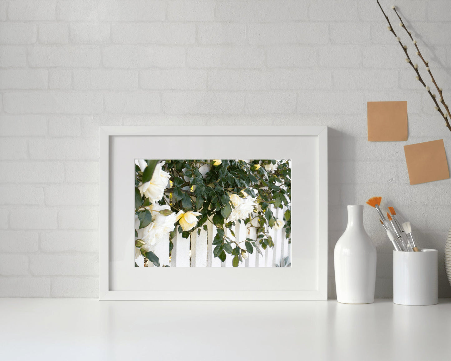 White Roses Print, Feminine Wall Art, Roses Art Photo Poster, Fine Art Photography, White Roses Wall Art Fence 1